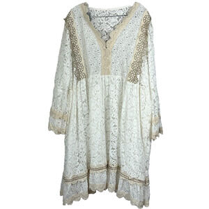 Via Veneto Midi Dress Women's Vintage Ivory Lace V-neck Flare Sleeves Boho Fairy